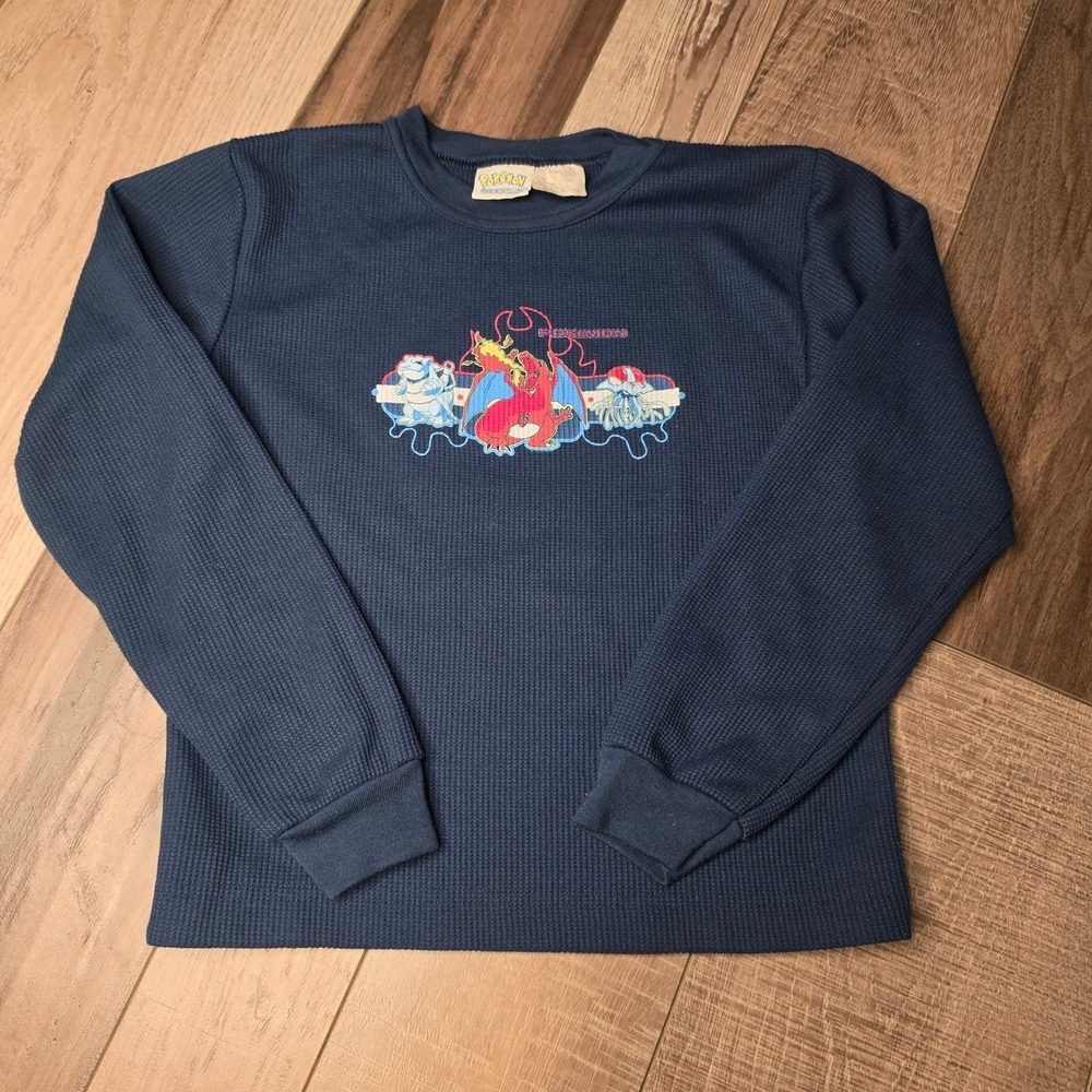 Vintage Pokemon Charizard Blastoise Thermal Shirt Navy Blue Youth 8/10 Nintendo